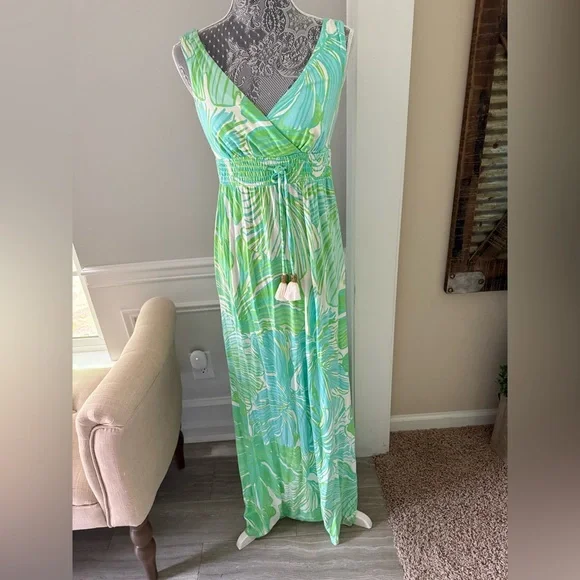 Lilly Pulitzer | Dresses | Lilly Pulitzer Aqua Blue Lime Green Isla Maxi  Dress Palm Frond Print Size Small | Poshmark